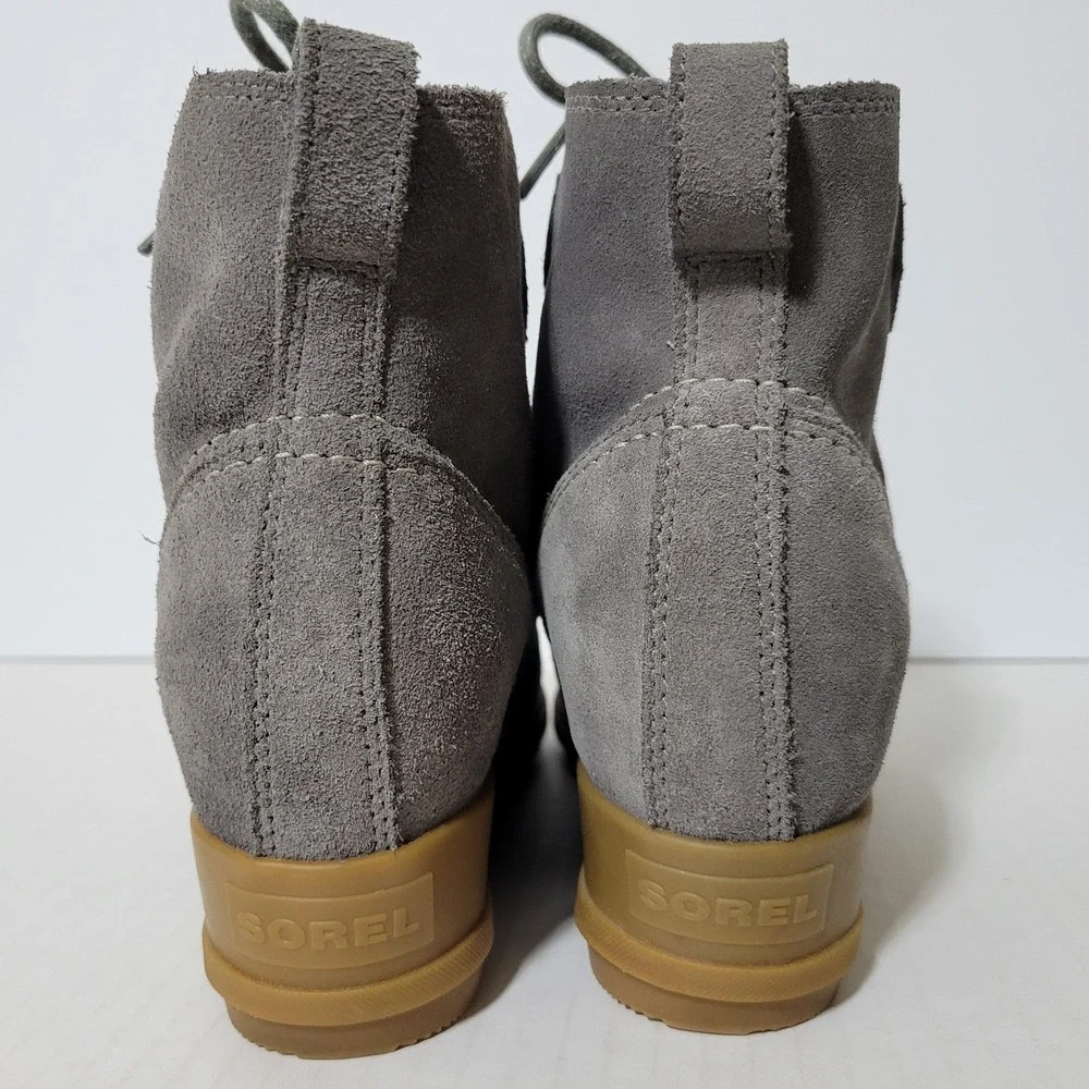 Sorel Evie Lace Wedge Bootie Boots Women Size 8 Gray Suede Leather Ankle